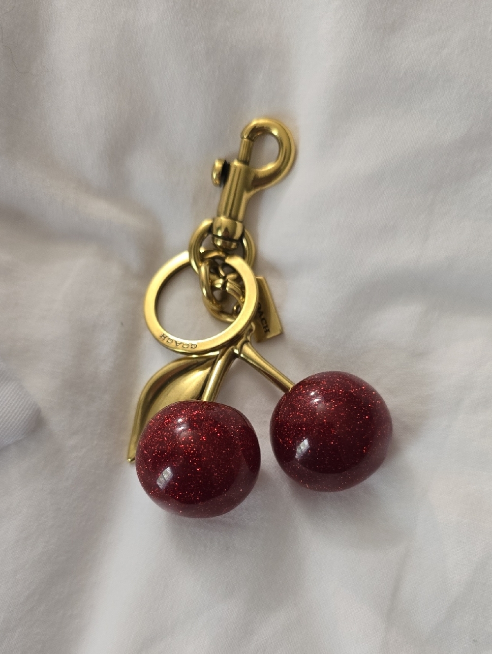 COACH Gold-Tone Cherry Keychain Bag Charm with Glittering Red Cherries - Picture 2 of 2